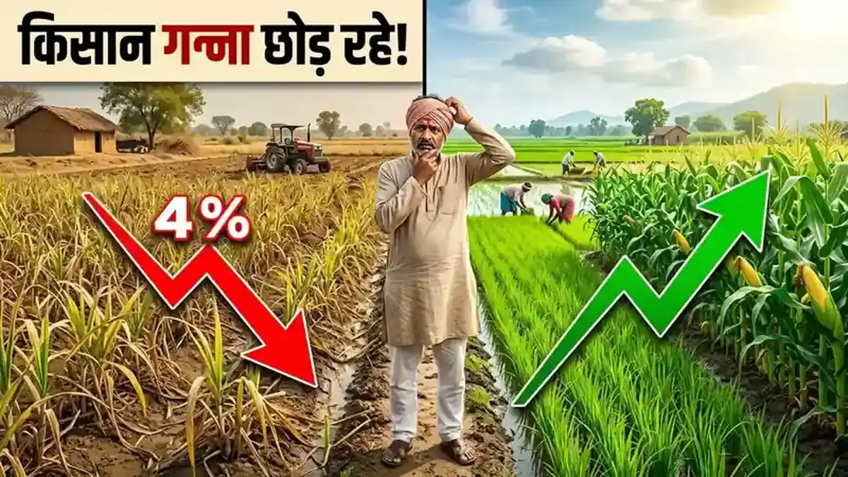 गन्ना रकबा 3 साल में 4% गिरा — किसान मक्का-धान की ओर शिफ्ट, चीनी उत्पादन 14% कम