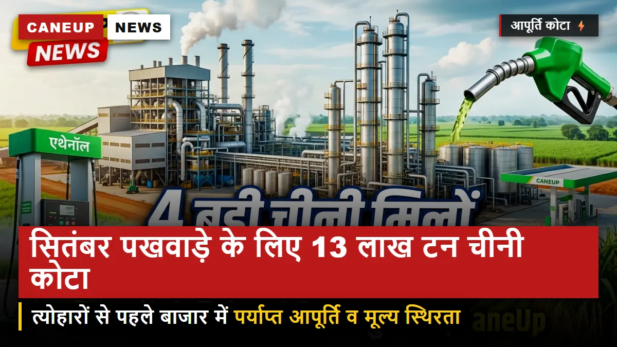 सितंबर के पहले पखवाड़े के लिए 13 लाख टन चीनी बिक्री कोटा जारी — त्योहारों से पहले बाजार में पर्याप्त आपूर्ति
