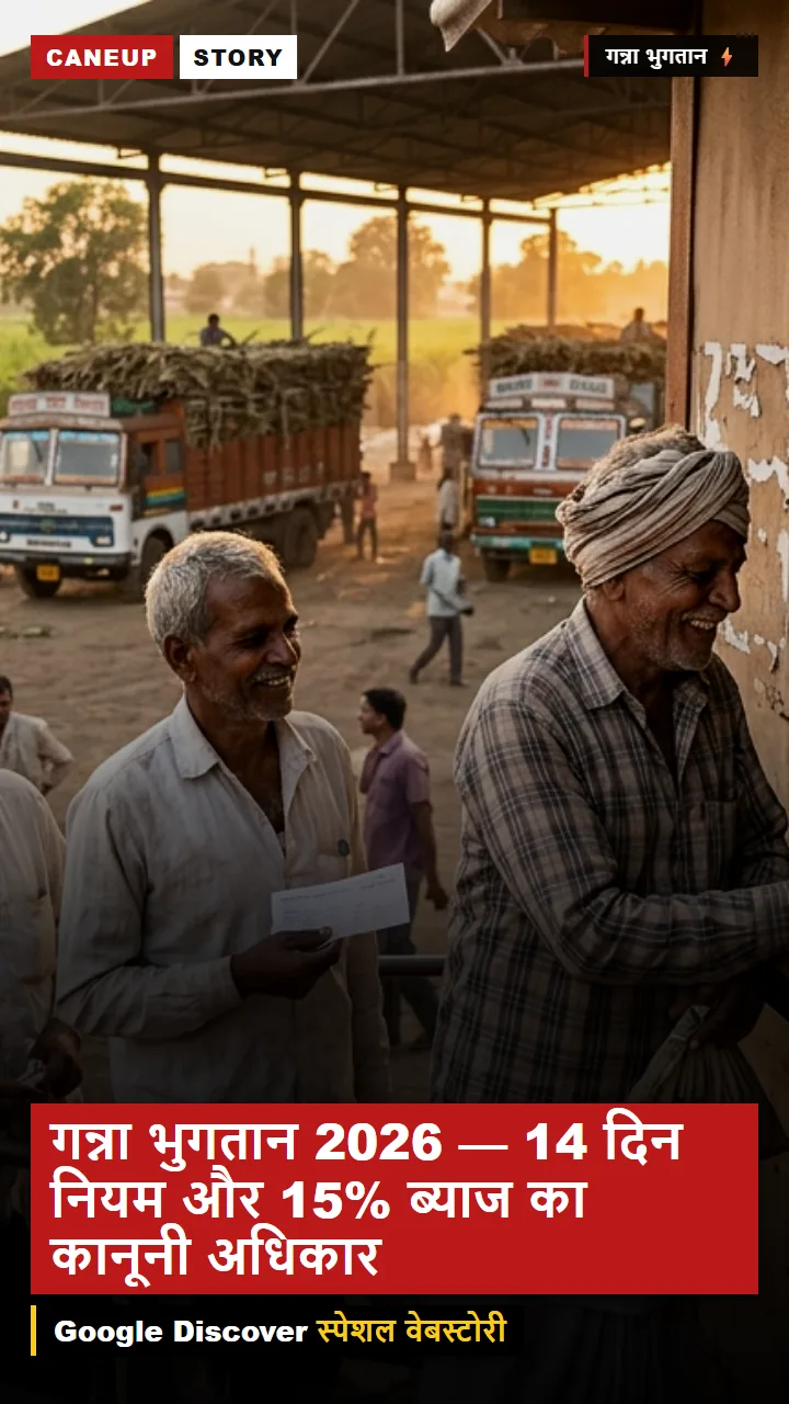 गन्ना भुगतान 2026 — 14 दिन नियम और 15% ब्याज का कानूनी अधिकार